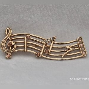 Music Notes Brooch Art Nouveau Style AB Vintage Gold & Silver Rhinestone